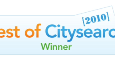 Best of Citysearch Winner 2010 badge with text in orange, blue, and green on a light blue and white background.